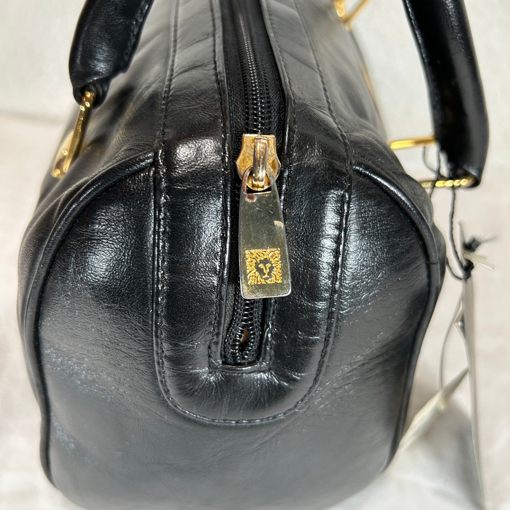Anne Klein Vintage Black Leather Satchel Crossbody Bag Gold Lion Logo NWT - Picture 10 of 15